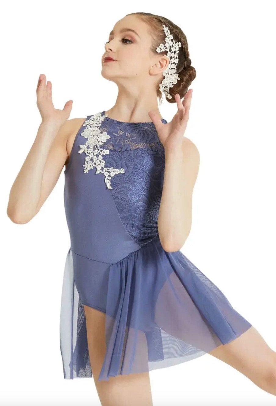 Slate Blue Dance Costume Lyrical Leotard Floral Appliqué Half Skirt Childs XL